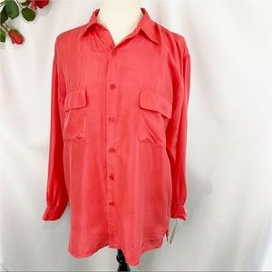 NWT VTG Cedars Sport 100% Silk Long Sleeve Button Down Shirt Deep Peach